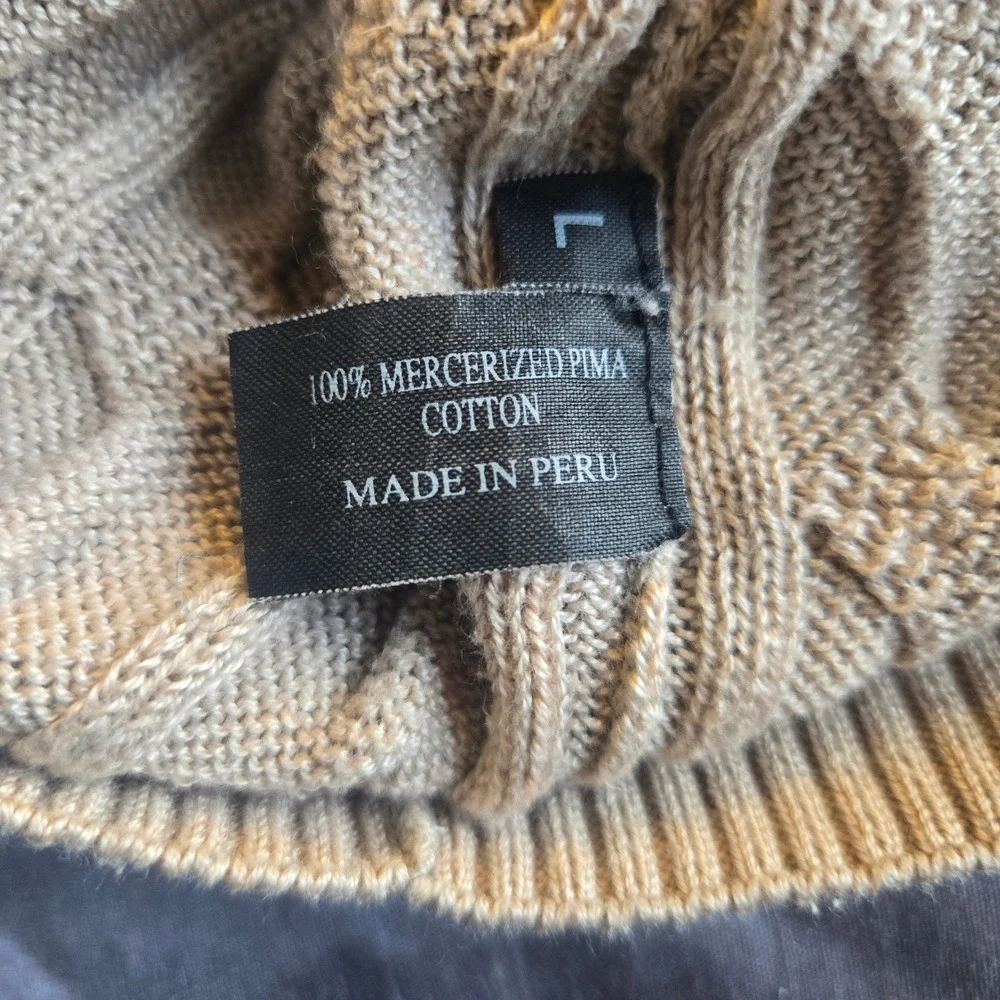 Alpaca Ill  Tan Cable Knit V Neck Sweater Size L‎ 100% Mercerized Pima Cotton